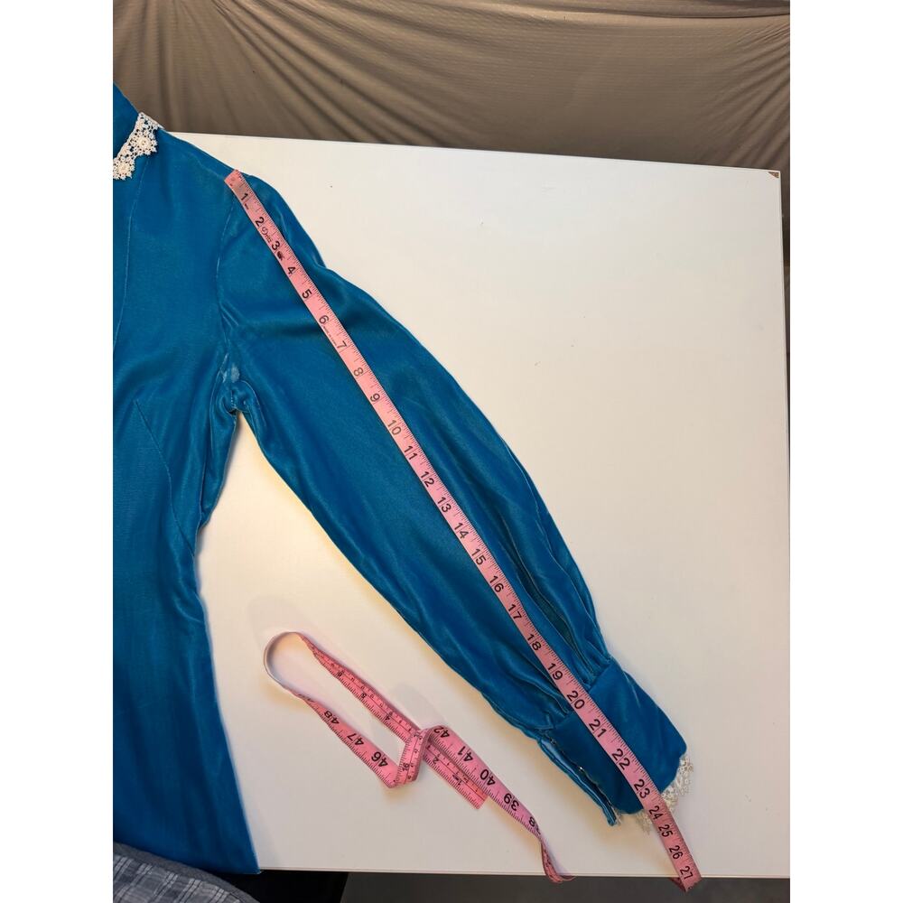Vintage Handmade Blue Velvet Maxi Dress Lace Trim Prairie Victorian Cottagecore - Picture 14 of 16
